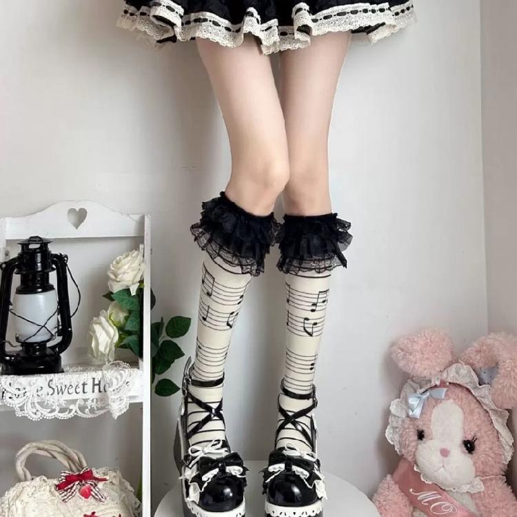 Soft Cotton Knee Length Socks with Ruffle Lace for Women Schoolgirl Elegant Music Note Skull Print Over Calf Socks
