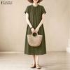 ZANZEA Women Casual Round Neck Solid Color Loose Short Sleeve Dress