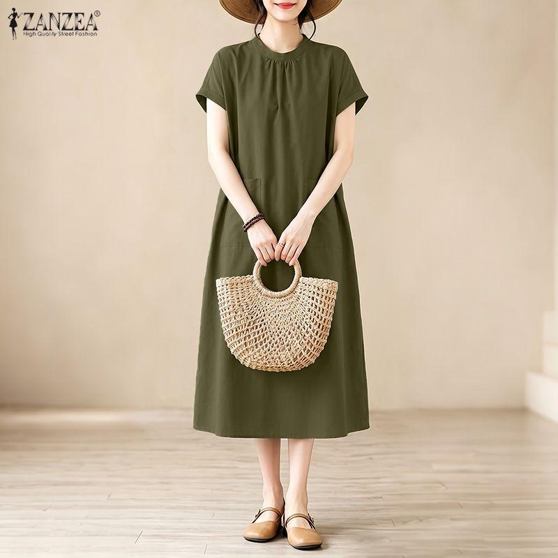 ZANZEA Women Casual Round Neck Solid Color Loose Short Sleeve Dress