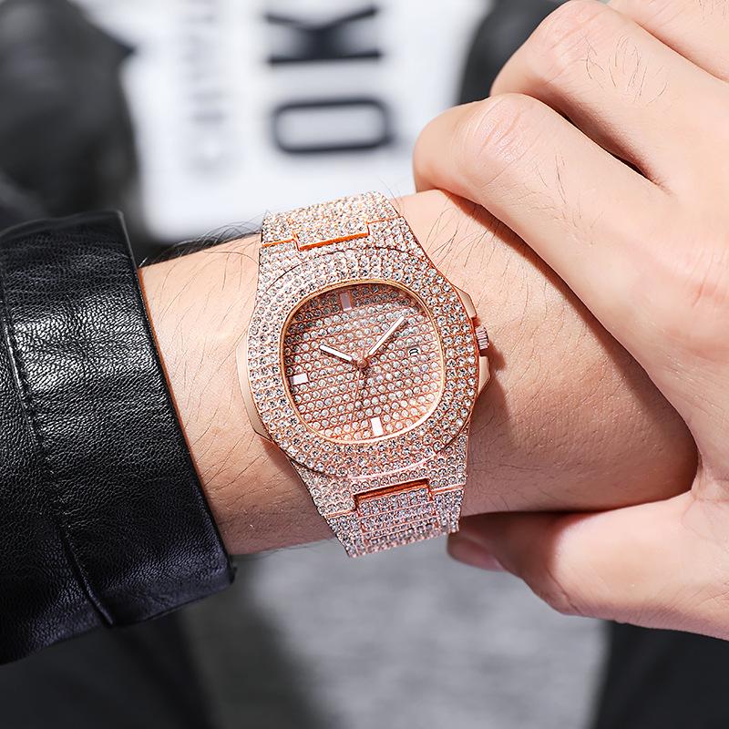 Luxury Unisex Full Diamond Steel Band Quartz Wristwatch with Calendar