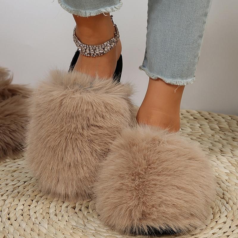 Fashion Closed Toe Fluffy Fur Slippers for Women Winter Plush Warm Indoor Home Slippers Woman Lightweight Flat Heels Couple Furry Slides