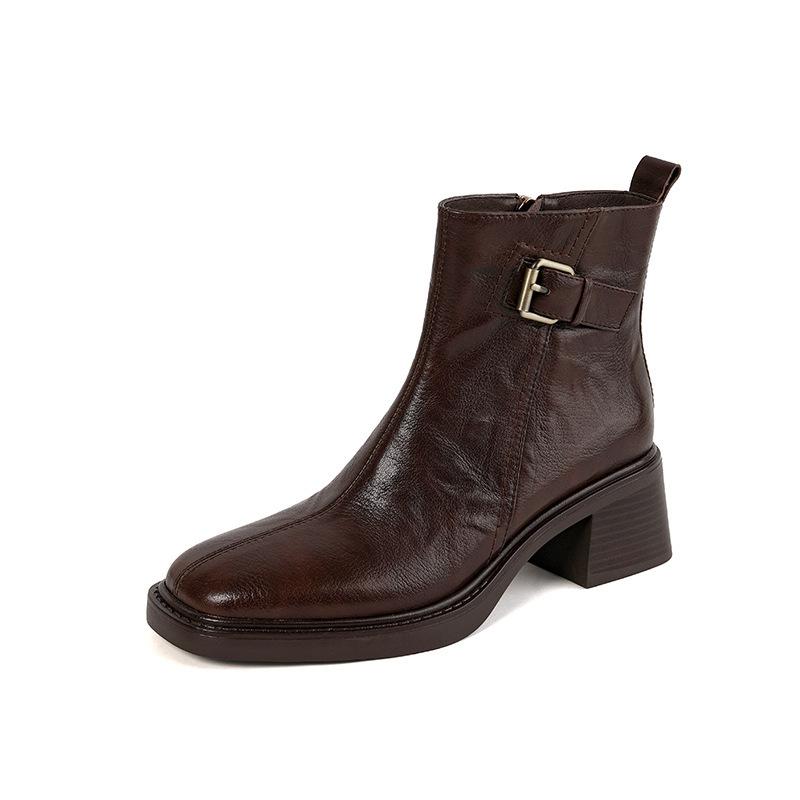 French retro square head medium heel thick heel belt buckle short boots femininity side zipper British retro and ankle boots
