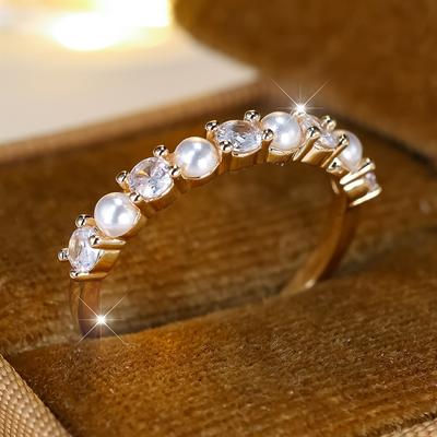 Elegant Imitation Pearls Zircon Rings for Women Charm Gold Color Fashion Romantic Jewelry