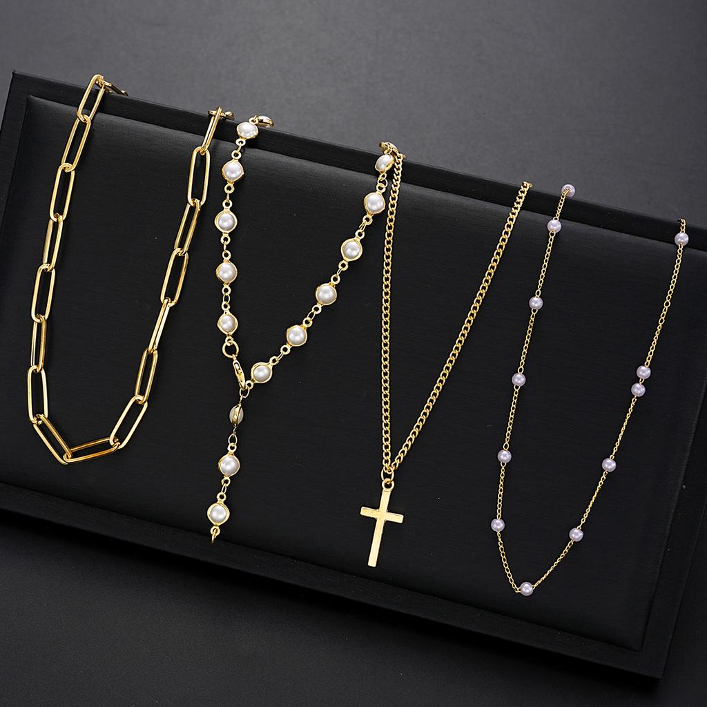 4pcs Vintage Metal Cross Pendant Y-Necklace Set Bohemian Gold Color Pearl Necklaces For Women Daily Vacation Dating Wear Jewelry