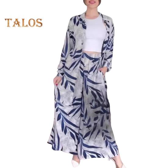 2-teiliges Set mit Hemd und Hose für Damen, Umlegekragen, einreihig, Blätterdruck, lange Ärmel, lockeres Oberteil in mittlerer Länge, elastische Taille, Hose mit weitem Bein, Sport