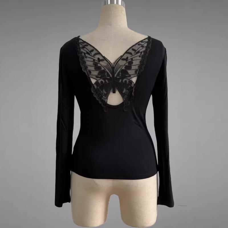 Spring and Summer Bottoming Shirt with Hollow Back Butterfly Long-sleeved T-shirt Slimming Top for Women