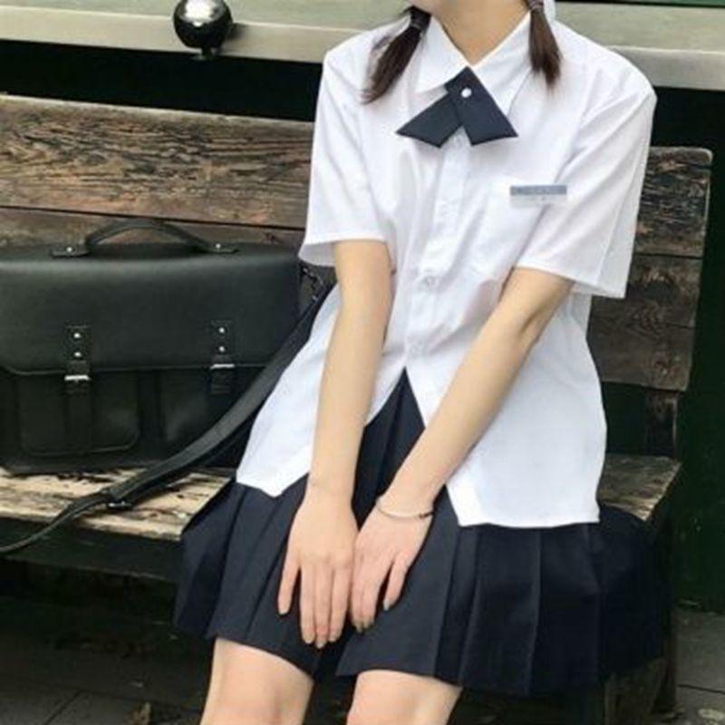 Thai JK Basic Short-Sleeved Uniform Square Neck Shirt - Milk White
