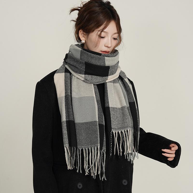 Imitation cashmere scarf women's autumn and winter classic plaid casual fringed student long shawl scarf