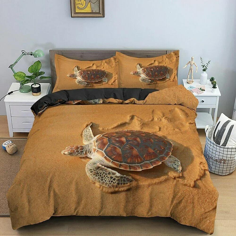 Sea Turtle Duvet Cover King Size Shark Bedding Set,Ocean Animals Bed Set,Tortoise and Coral Printed Polyester Comforter Cover