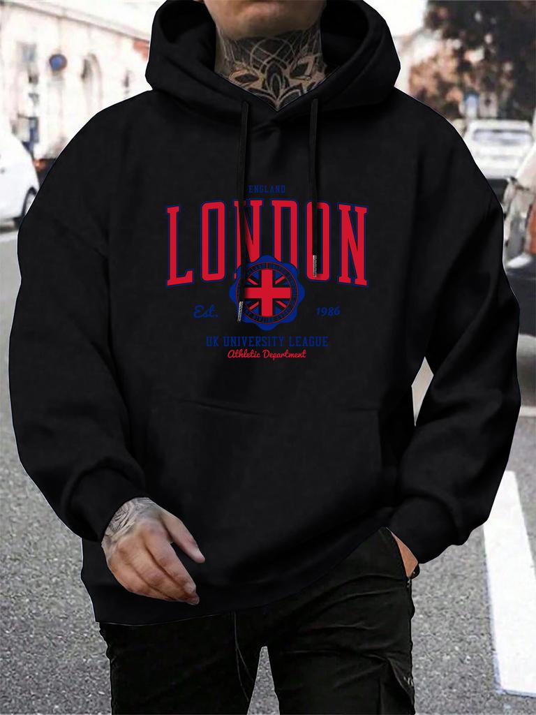 London Uk University League Print Man Hooded Casual Fit Hoodies Korean Big Size Hoodie Men Simple Fur-Liner Sportswear