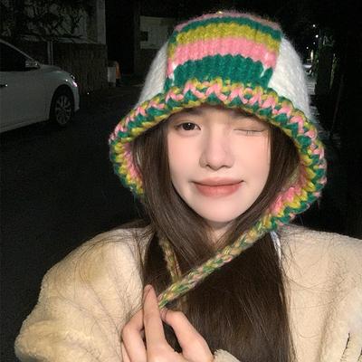 Korean Version of Dopamine Color Matching Tether Knitted Hat Women's New Face Small Warm Ear Protection Bag Head Hat