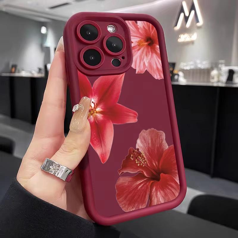 Wine Red Flower Print Soft Phone Case For iPhone 16 15 Pro Max 14 15 Plus 13 12 11 16E XR X XS Max 8 7 Plus SE2 Shockproof Cover