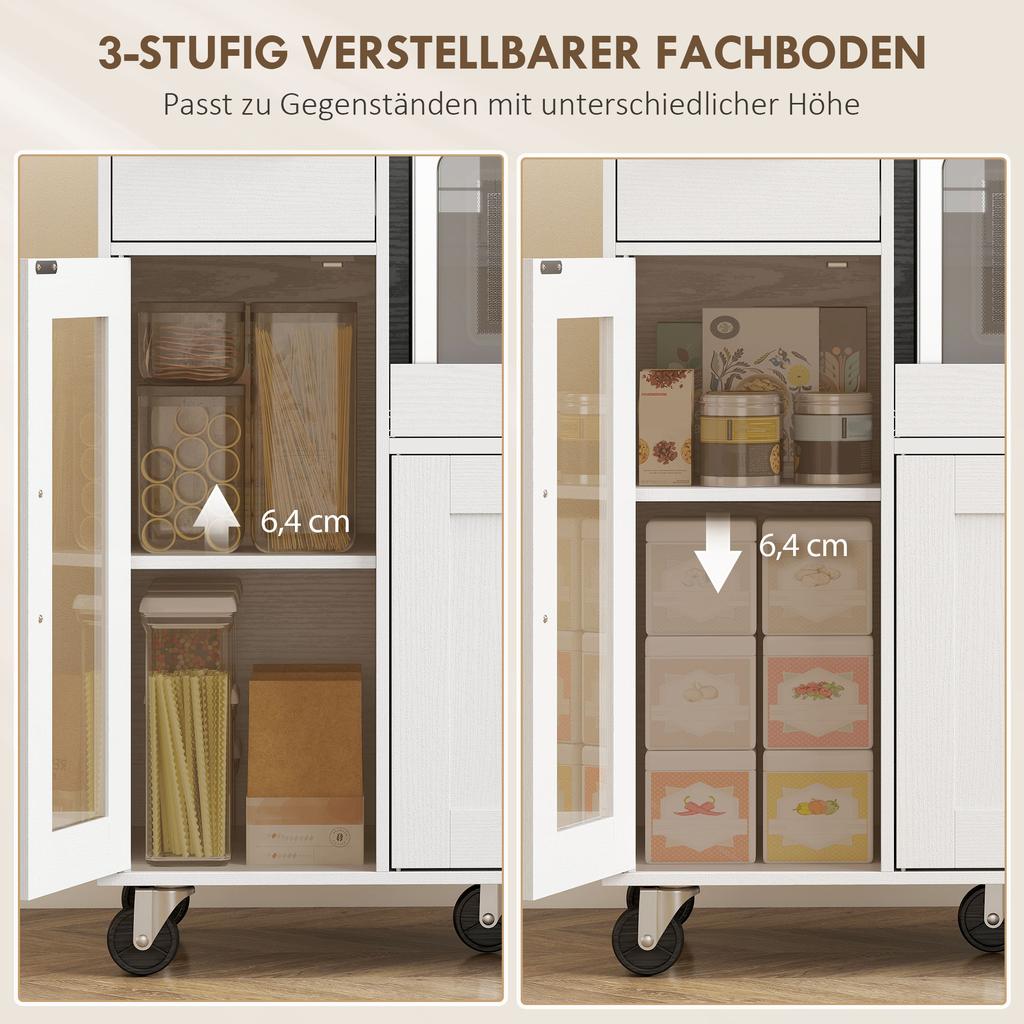 Küchenschrank auf Rädern, Mobiler Küchenschrank mit Regalen, Schubladen, Verstellbarem Regal, Kabeldurchlass, Weiß