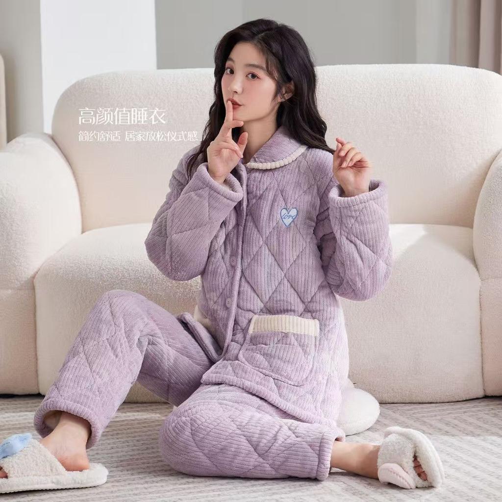 Dámský oblek z korálového fleecu s polstrováním, třívrstvý zesílený, lze nosit venku, podzimní a zimní domácí oblečení, zimní fleecový teplý