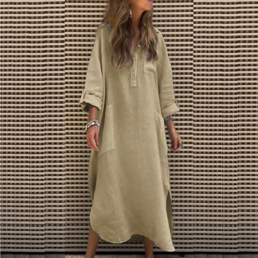 

YYFS Женская мода весна осень однотонный принт длинный рукав V-образный вырез свободная талия повседневные платья S