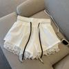 Women's Black Lace Patchwork Wide-Leg, High-Waist Drawstring Shorts
