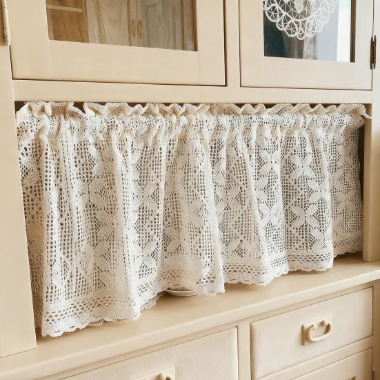 Yousheng Farmhouse Rustic Short Curtain Light Filtering Vintage Sheer Lace Cabinet Curtain Boho Kitchen Dining Room Small Window Rod Pocket Crochet
