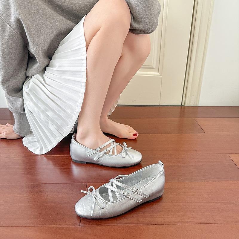 Bow round head shallow mouth ballet shoes flat sole soft sole single shoes women's cross strap inner height increase Mary Jane shoes