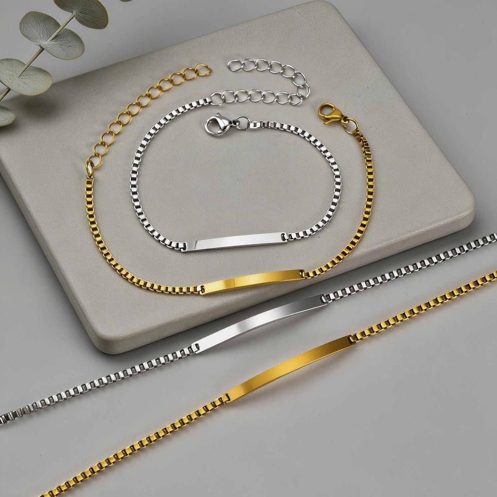 Set 2 pezzi Catena a maglia box in acciaio inossidabile Braccialetto di coppia con placca IDpersonalizzabile Gioielli per donne uomini Regalo di anniversario