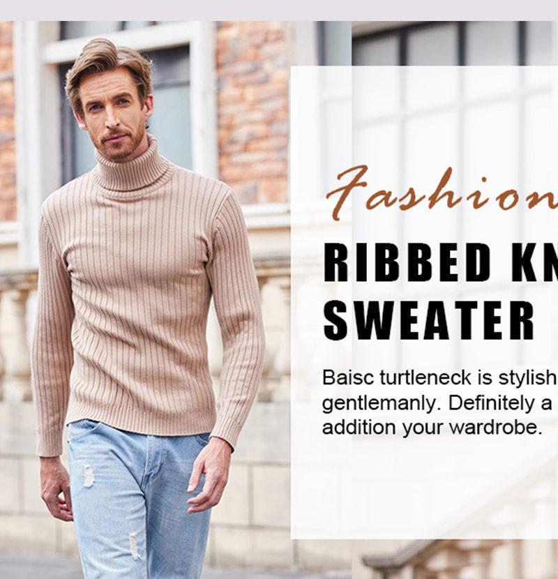 Men's Autumn/Winter Vertical Stripe High Neck Sweater - Slim Fit Warm Pullover Knitwear