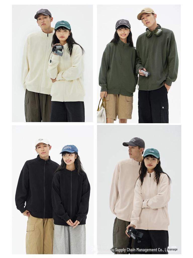 350g Unisex Stand Collar Zipper Sweatshirt - Thin, Solid Color, Drop Shoulder with Custom Logo Print for Spring & Autumn