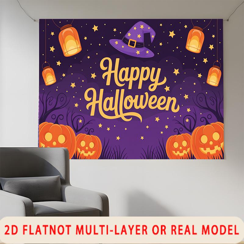 Party Backdrop Halloween Stars Purple Flat Witch Pumpkin Lantern Multi Layered Event Backdrop Decoration Front Door Decor