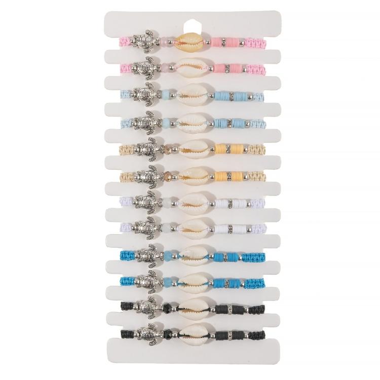 Pack of 12 Adjustable Handcrafted Turtles Bracelet Set Fashion Wristbands with Turquoise Crystal Wood Bead Details