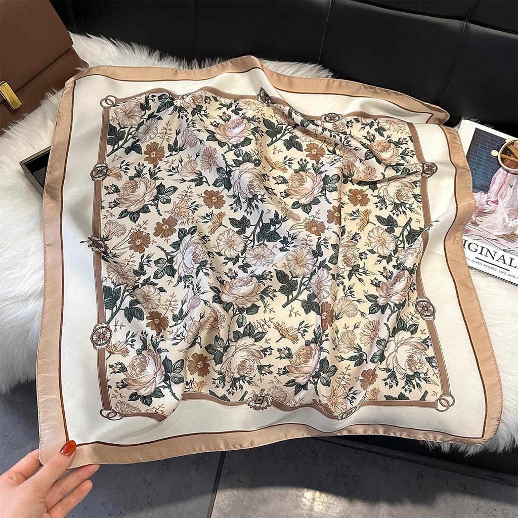 Luxury Square Scarf For Women Fashion Floral Ladies Hijab Elegant Neckerchief Bandanas Soft Stain Faux Silk Scarves Shawl Warps