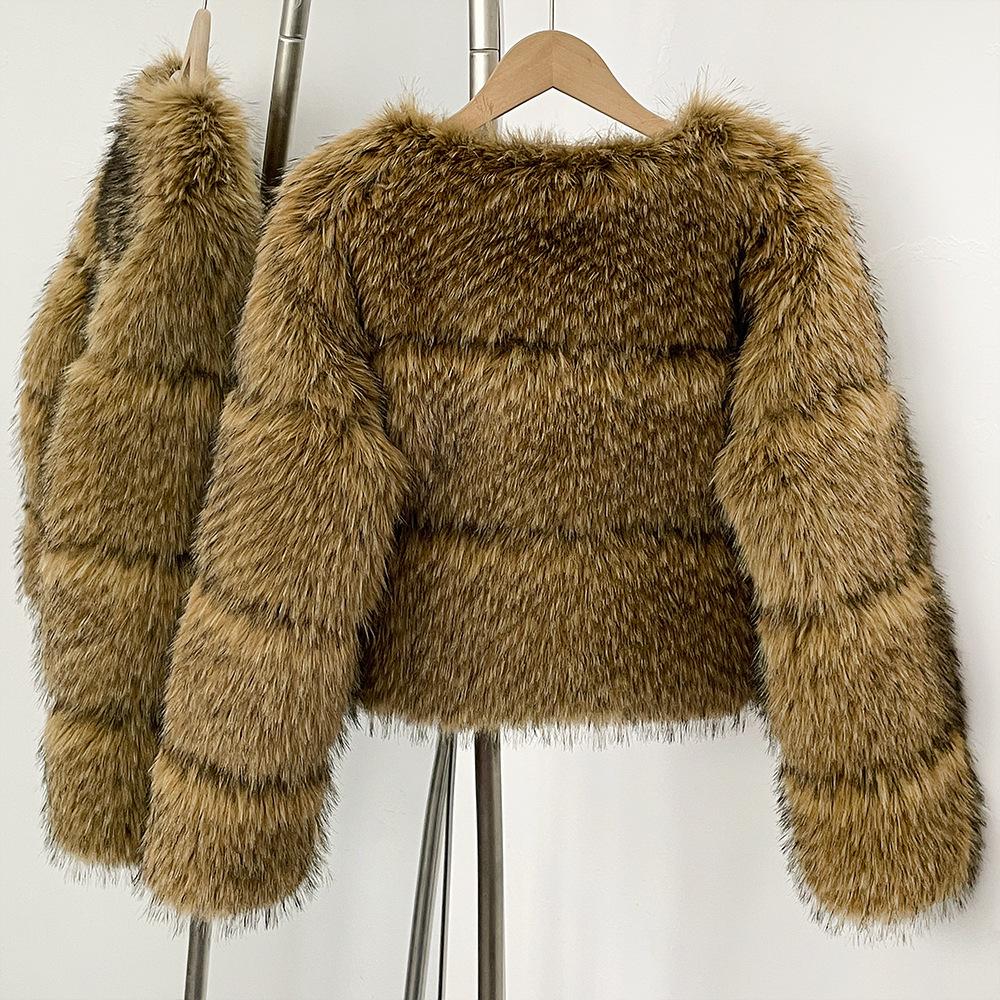 European and American short autumn and winter new round neck fashion warm imitation raccoon fur coat women's fur coat