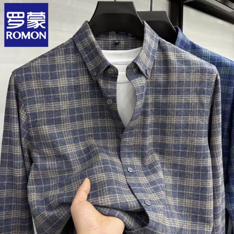 Romone Men s Brushed Cotton Plaid Long-Sleeve Shirt XL