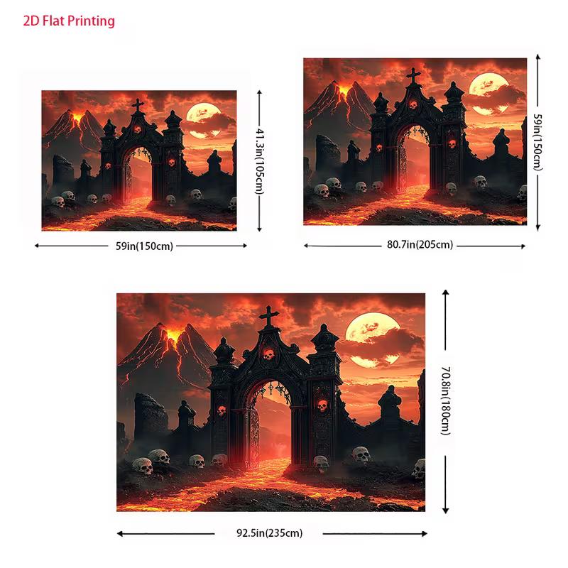 2D Spooky Halloween Backdrop, Hell's Gate with Skulls and Red Moon Banner