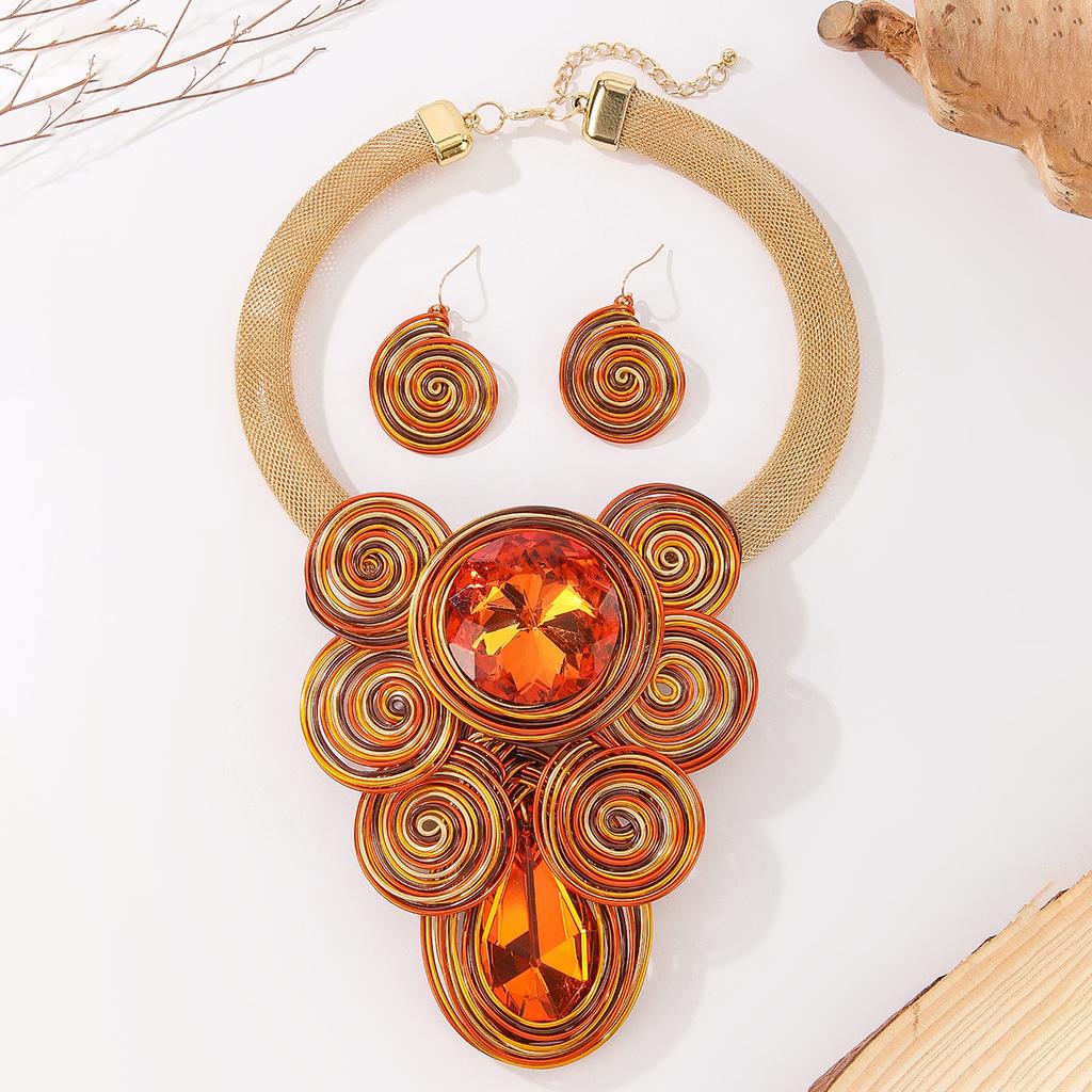 Ensemble de Bijoux Exagérés pour Femmes Collier Boucles d'Oreilles en Fil d'Aluminium Tissé Perles de Cristal