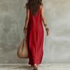 Damen Lässiges Maxikleid mit Knopfleiste Ärmellos V-Ausschnitt Lang Leinen Baumwollmischung Sommerkleid Lockere Passform Strandkleid