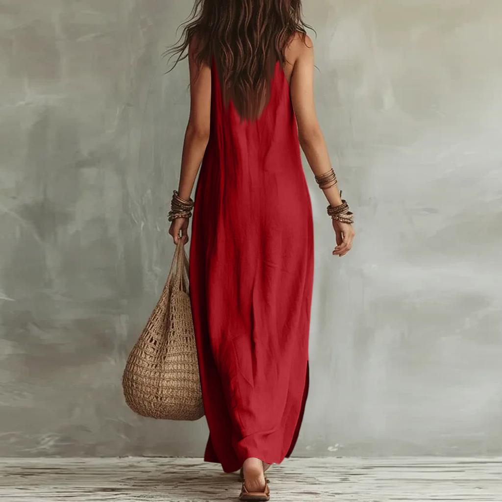 Damen Lässiges Maxikleid mit Knopfleiste Ärmellos V-Ausschnitt Lang Leinen Baumwollmischung Sommerkleid Lockere Passform Strandkleid