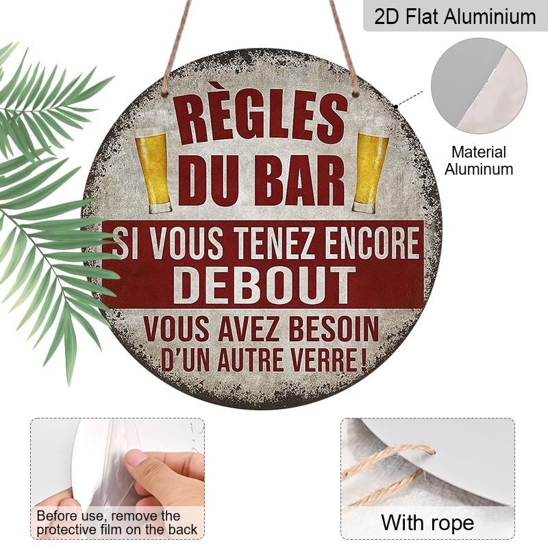 2D Flat, 1pc 2D Flat, 7.87x7.87 Inch Round French Aluminum Sign, Vintage "Bar Rules" Decorative Plaque, Bar Decor Sign for Restaurants, Bars, Cafes