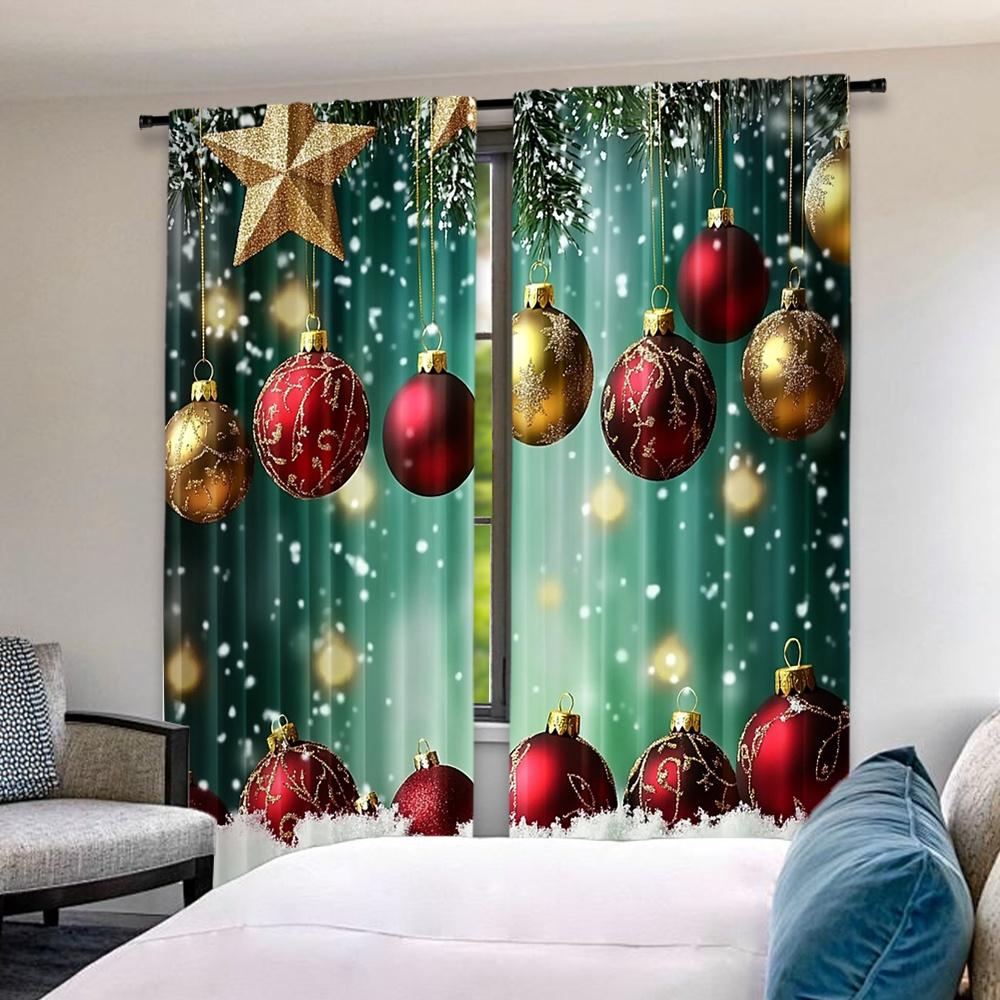 2D flat printing 2pcs Merry Christmas Curtains Christmas tree3 Digital Printed Polyester Drapes Non fading Festive Holiday for