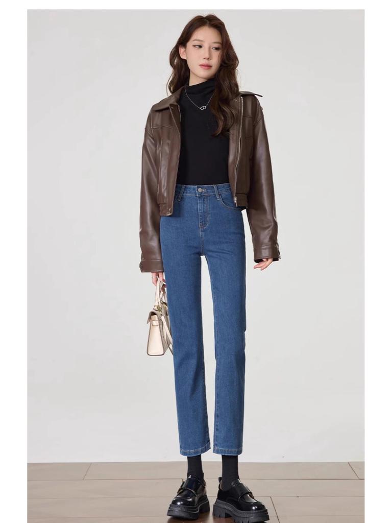 Women's 2024 High-Waisted Slimming Cigarette Pants - Fleece-Lined Autumn/Winter Loose Straight-Leg Jeans