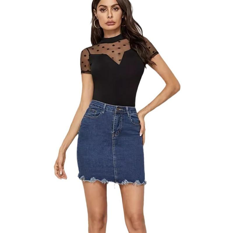 Women's New Sexy Mesh Splicing Small Stand-up Collar Short-sleeved New T-shirt Thin Tops