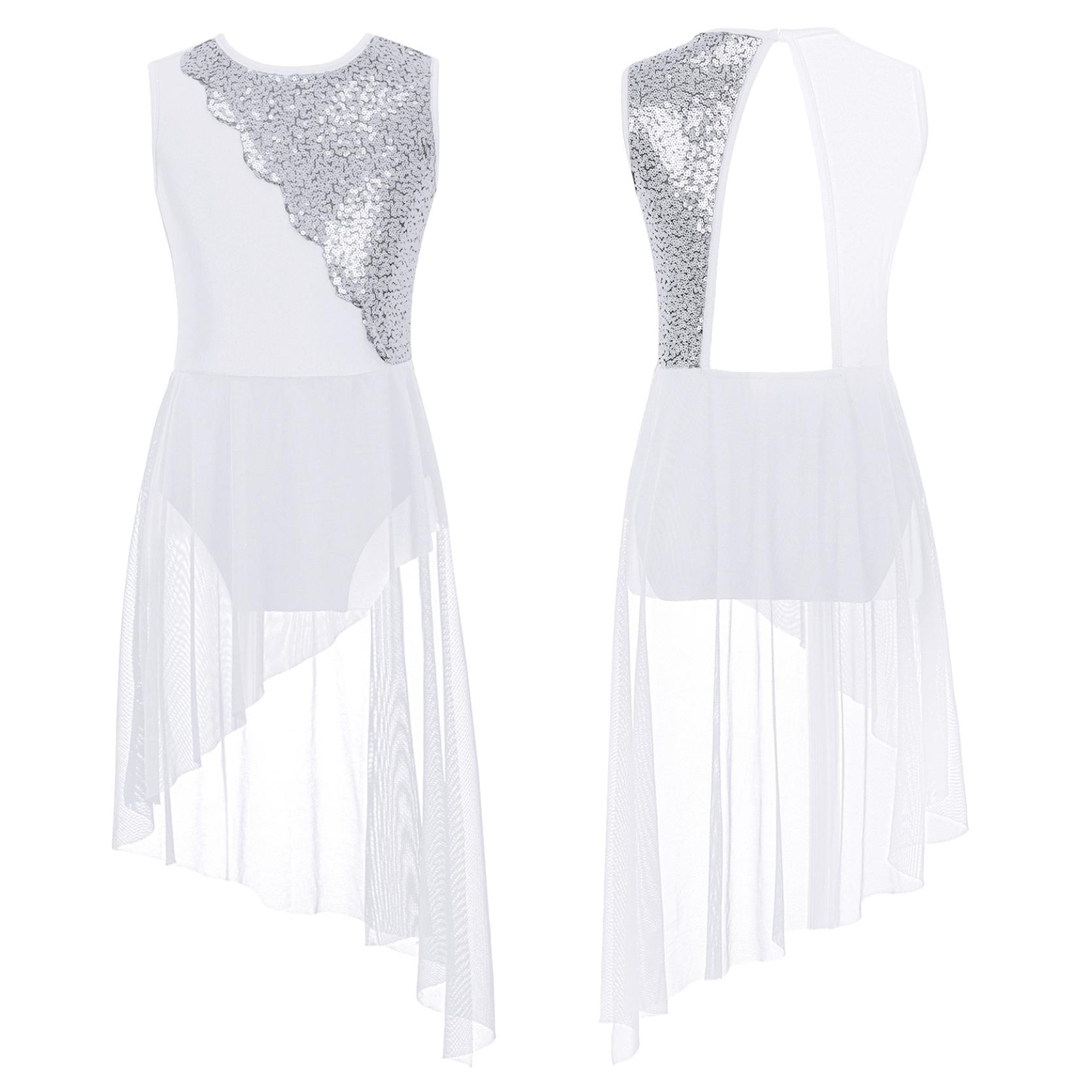 

Лирическое балетное платье для современного танца без рукавов с блестками для девочек, сетчатое лоскутное платье-трико с нерегулярным подолом для танцев 7-8 Years