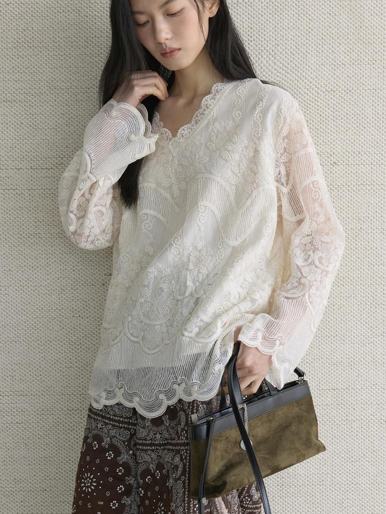 Elegant 3D Embroidered Lace V-Neck Double-Layer See-Through Top for Women