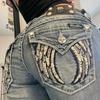 ZYLLO American Vintage Y2K Rhinestone Wing Embroidered Jeans Womens Blue Low Rise Flared Denim Pants with Studded Pockets Streetwear