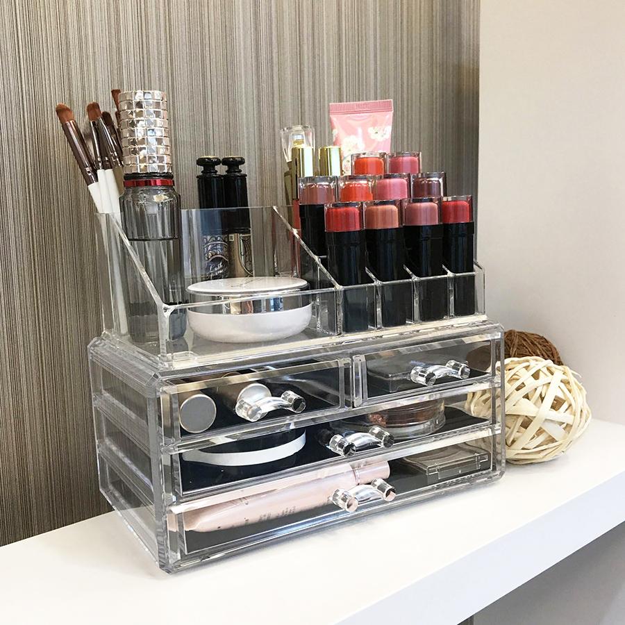 2 Pack Clear Make Up Organizer Countertop,Stackable 4 Drawers Makeup Storage,Vanity Organizers for Dresser Hair Clip,Jewelry