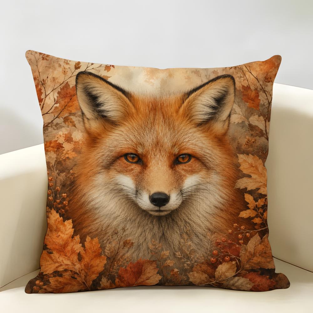Fox Face Forest Animal Cushion Cover Durable Hypoallergenic Organic Linen Pillow Cover Short Size Washable Skin-Friendly