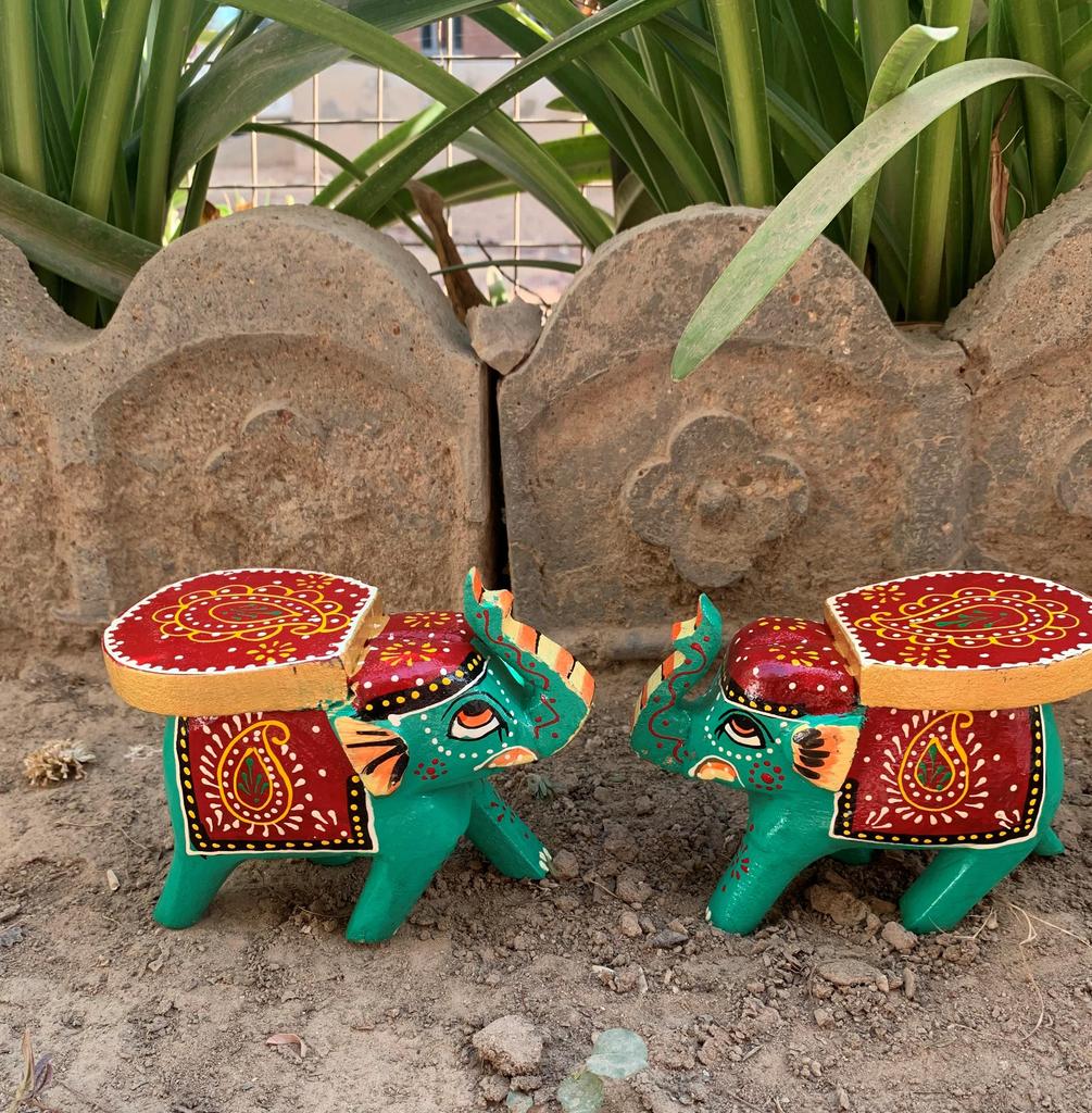 Hand Painted Wooden Elephant Stool Pair, Indian Folk Art Decorative Table