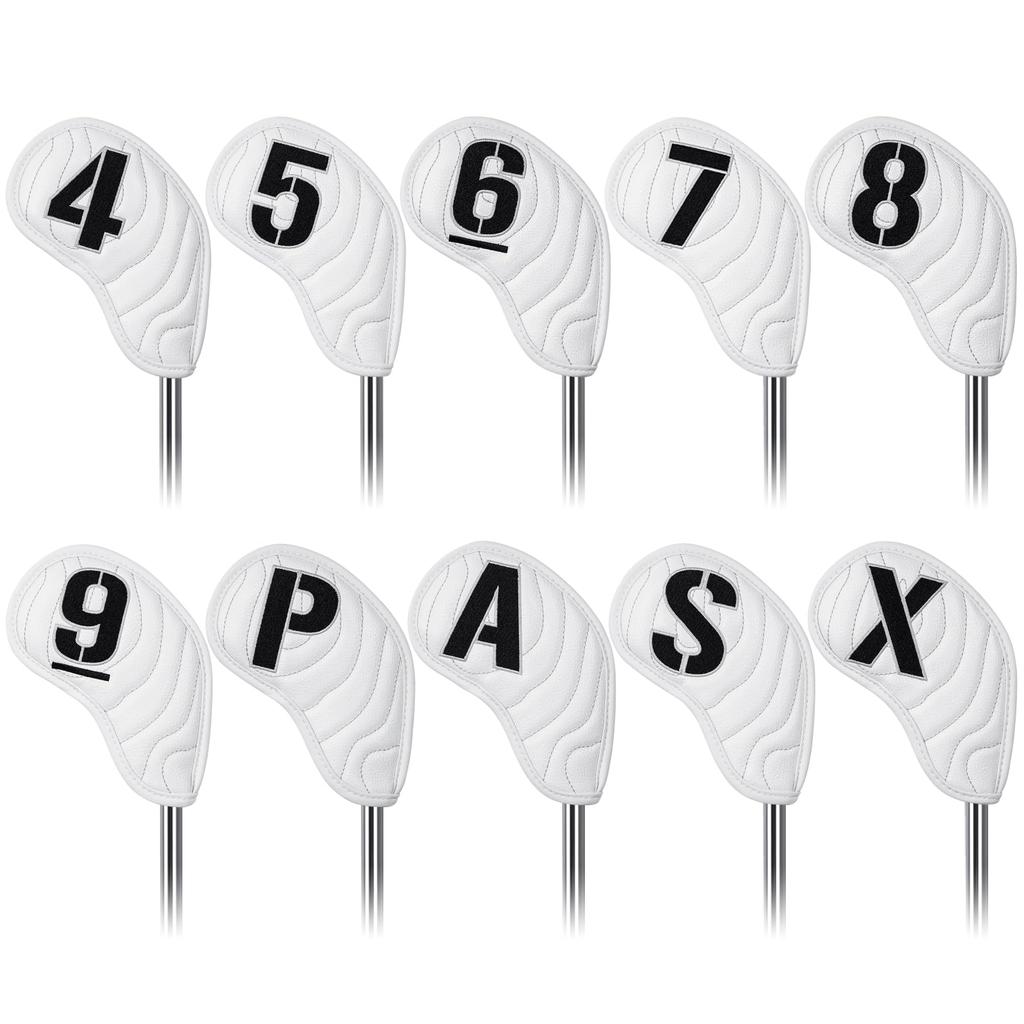Set of 10 Golf Iron Covers, Magnetic Wedge Covers, and Club Headcovers (4-9, P, A, S, X) with White Synthetic Leather and Golf Course Pattern