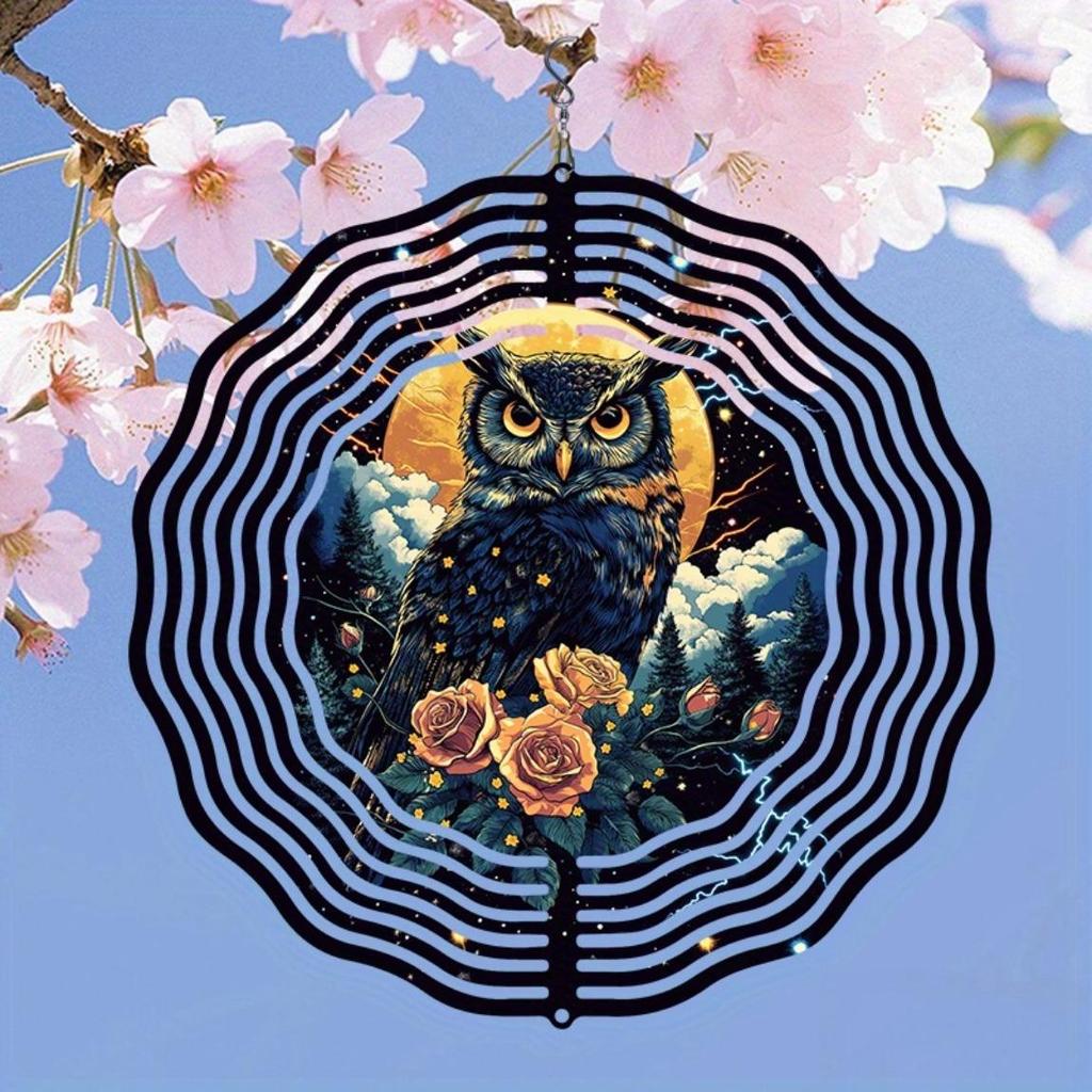 2D Metal Owl Mandala Wind Spinner for Outdoor Garden Courtyard and Home Decor Moonlight Hanging Wind Chime No Power Required Easy To Install
