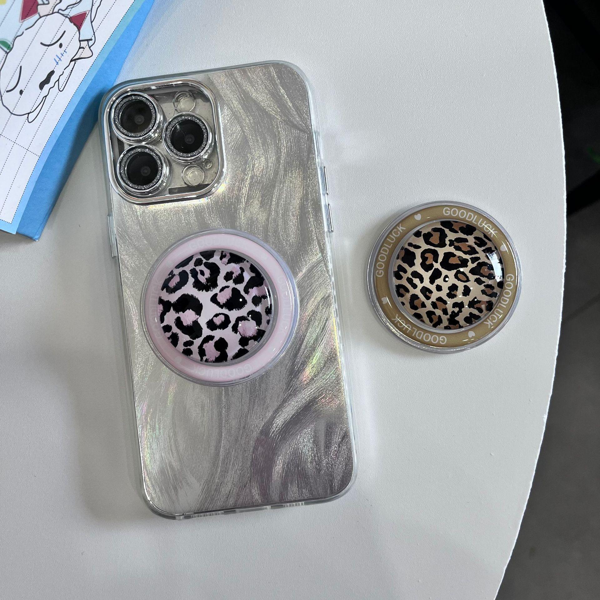 Creative Leopard Print Crystal Glass MagSafe-Compatible Magnetic Retractable Stand Brown Leopard - Clear Stand
