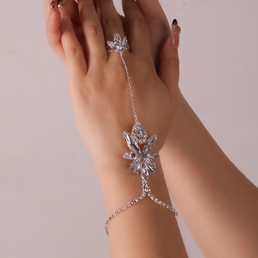 Charm Bling Crystal Ring Bracelet Chain Women Silver Boho Wedding Sparkling Rhinestone Finger Bracelet Women Jewelry