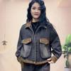 Ensemble deux pièces jean rétro automne pour femme Veste en jean à capuche avec surpiqûres + Pantalon