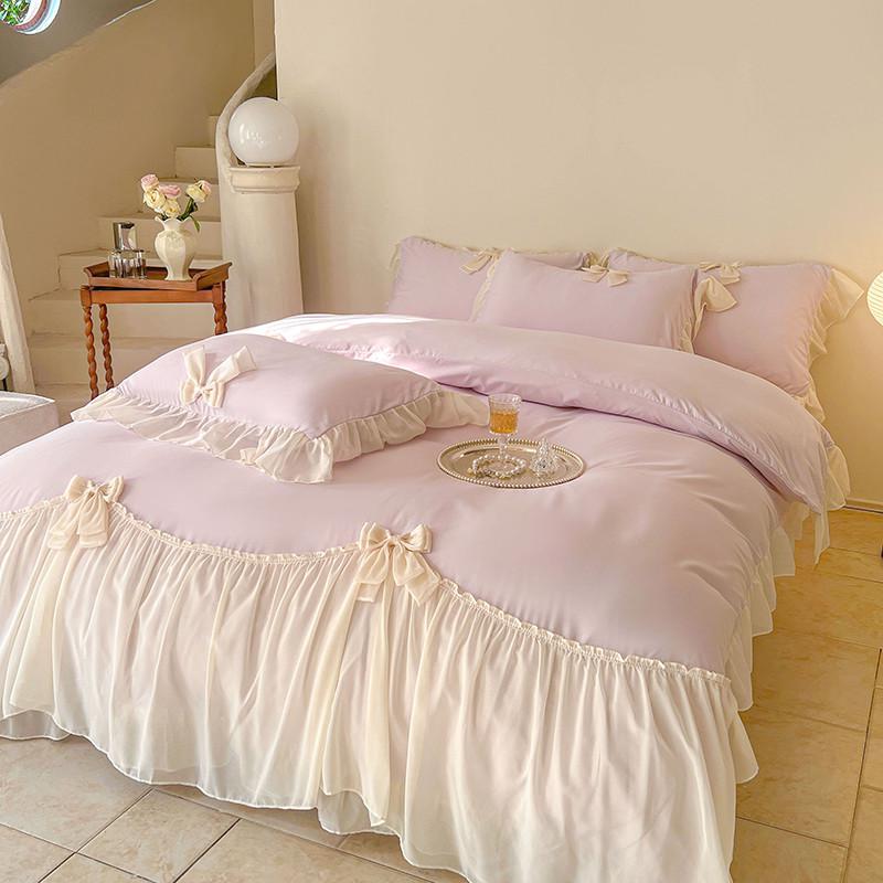 Chic Ruffle Lace Edge Sweet Princess Style Nature Soft Skin Friendly 4pcs Bedding set Bed Sheet Pillowcases Twin Queen King